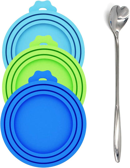 Silicone Can Lids Covers for Dog and Cat Food, Universal Size Fits All Standard Cans (3 Pack & Spoon, Multi-Colored)