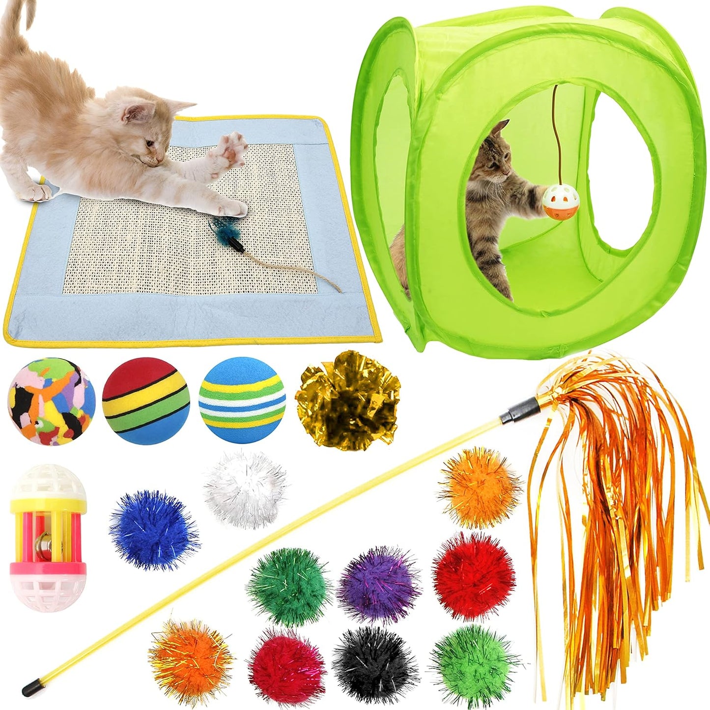 18 Cat Toys Kitten Toys Assortments, Cat Teaser Wand, Interactive Bell Toy, Sparkle Balls for Cat, Puppy, Kitty, Kitten (With Square Tunnel and Scratching Mat)