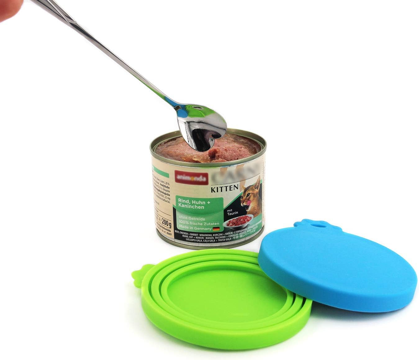 Silicone Can Lids Covers for Dog and Cat Food, Universal Size Fits All Standard Cans (3 Pack & Spoon, Multi-Colored)